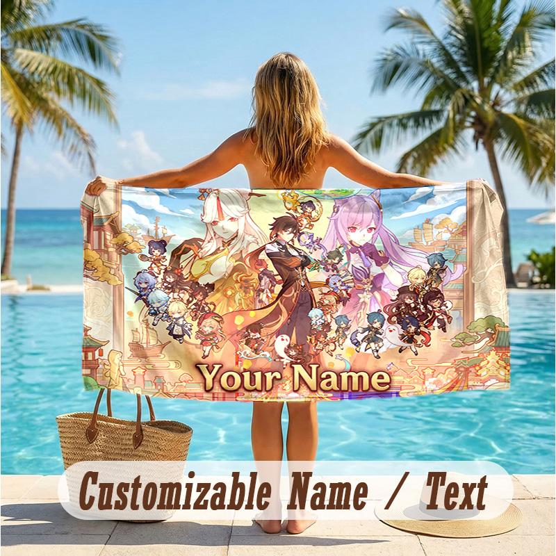 Custom Text Beach Towel, Soft Absorbent Swimming Multi-use TowelGenshin Impact