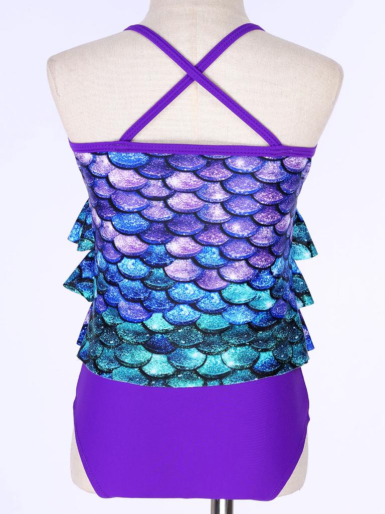 2Pcs Bikini Mermaid Swimwear Children Girls Spaghetti Straps Swim Top with Bottoms Ruffle Swimsuit