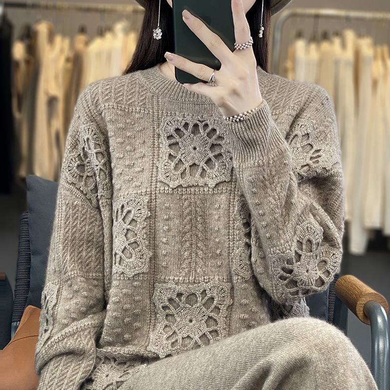 Women's Pure Wool Hollow Out Sweater - Lazy Style Knitwear for Autumn & Winter