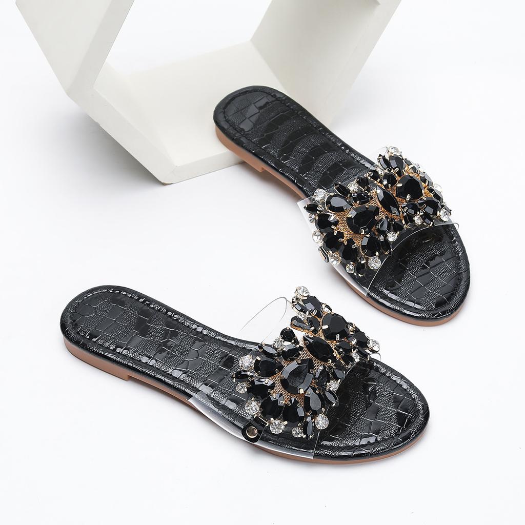 Fashion Women's Fashion Slippers Summer Black Diamond Luxury Charm Radiant Round Head Flat Bottom Comfortable Anti slip Women's Slippers