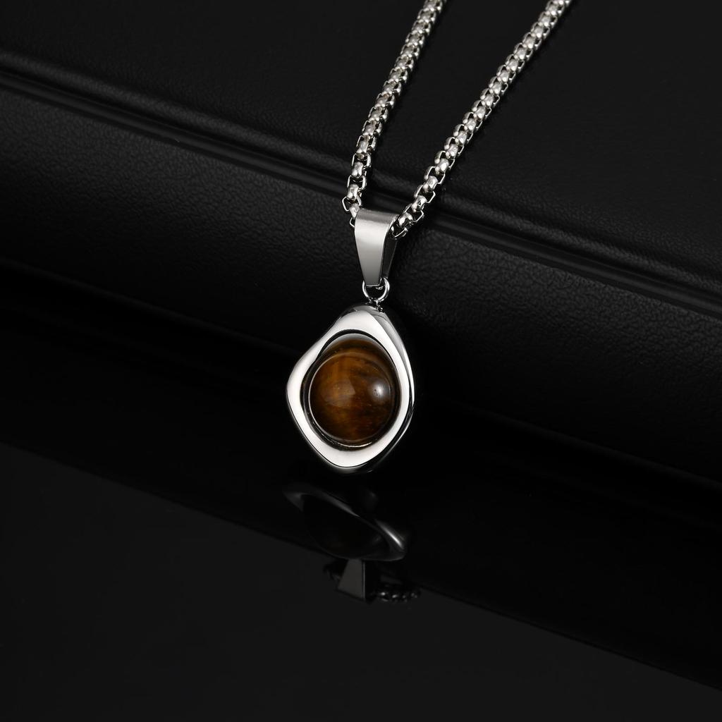 Stainless Steel Irregular Pendant Necklace for Men, Vintage Natural Agate Tiger Eye Stone Necklace, Fashion Punk Jewelry Gift