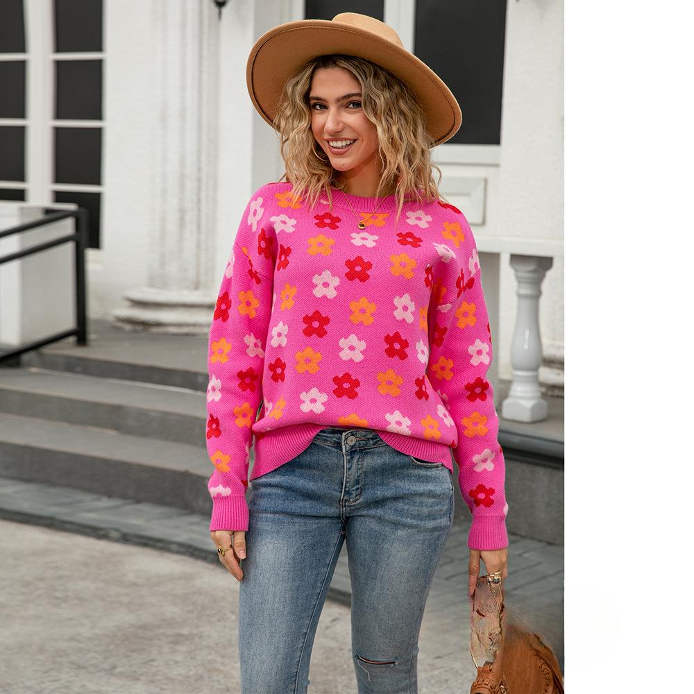 A New Autumn Style Pullover Round-neck Sweater for Women, A Versatile Floral Print Warm Long-sleeved Knitted Top