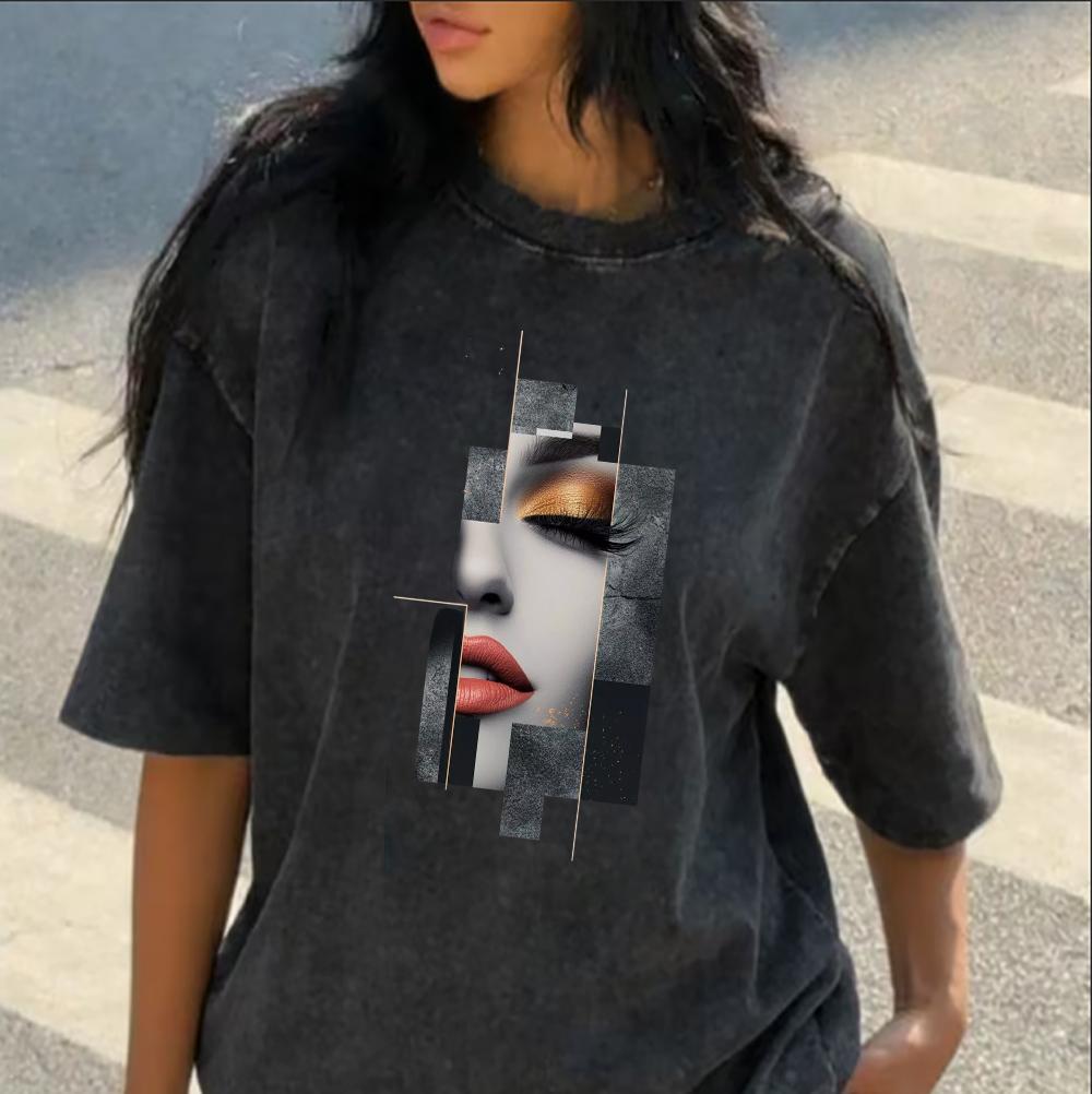 Abstract Colorful Face Art Oversized T-Shirt, Washed Polyester Casual Tee, Vibrant Woman Face Graphic Top for Art Lovers