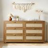 6 Drawer Rattan Dresser, Double Dresser for Bedroom, Natural Rattan Chest of Drawer with Metal Handle, Modern Wood Chest Clothing Organizer & Storage