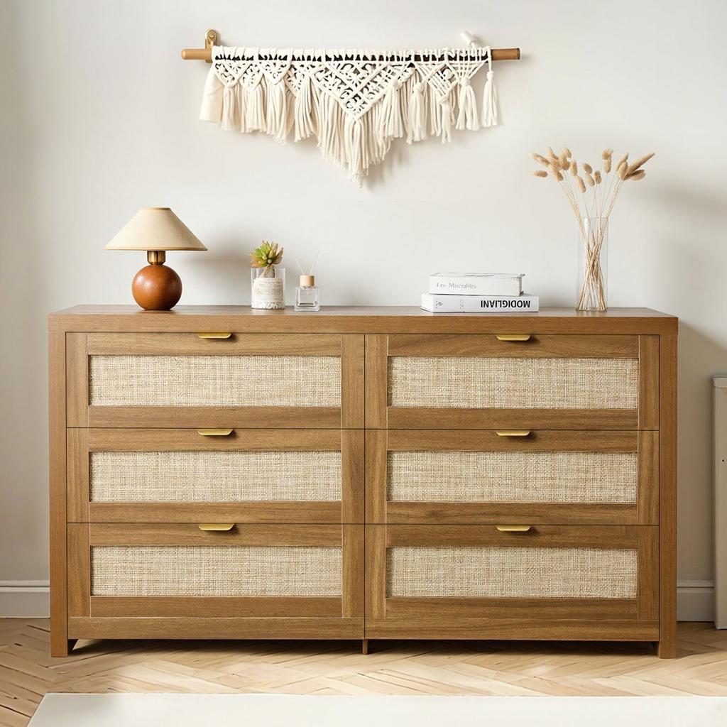 6 Drawer Rattan Dresser, Double Dresser for Bedroom, Natural Rattan Chest of Drawer with Metal Handle, Modern Wood Chest Clothing Organizer & Storage