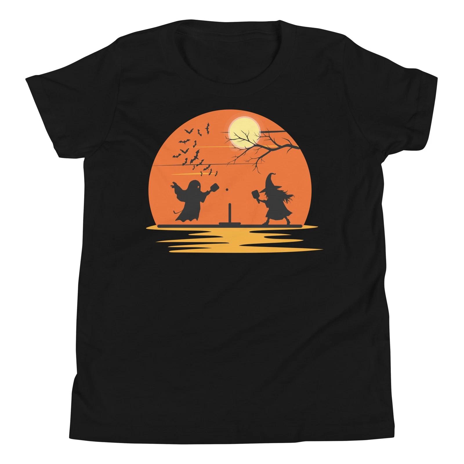 Ghost and Witch Playing Pickleball Halloween Costume Spooky Sunset Youth T-Shirt 120
