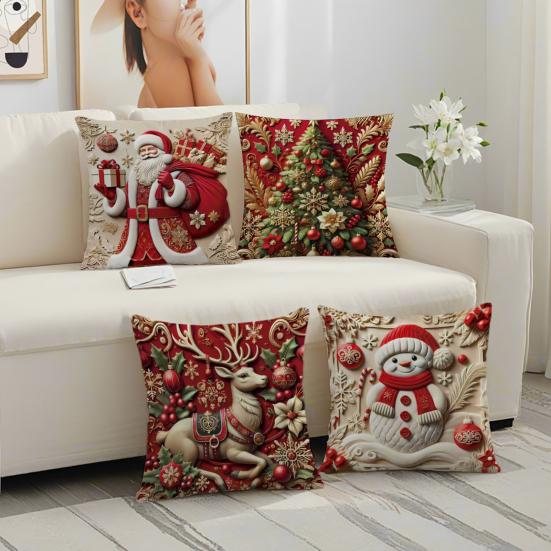 4Pcs Throw Pillowcase Snowflake Snowman Xmas Tree Pattern Invisible Zipper Design Pillow