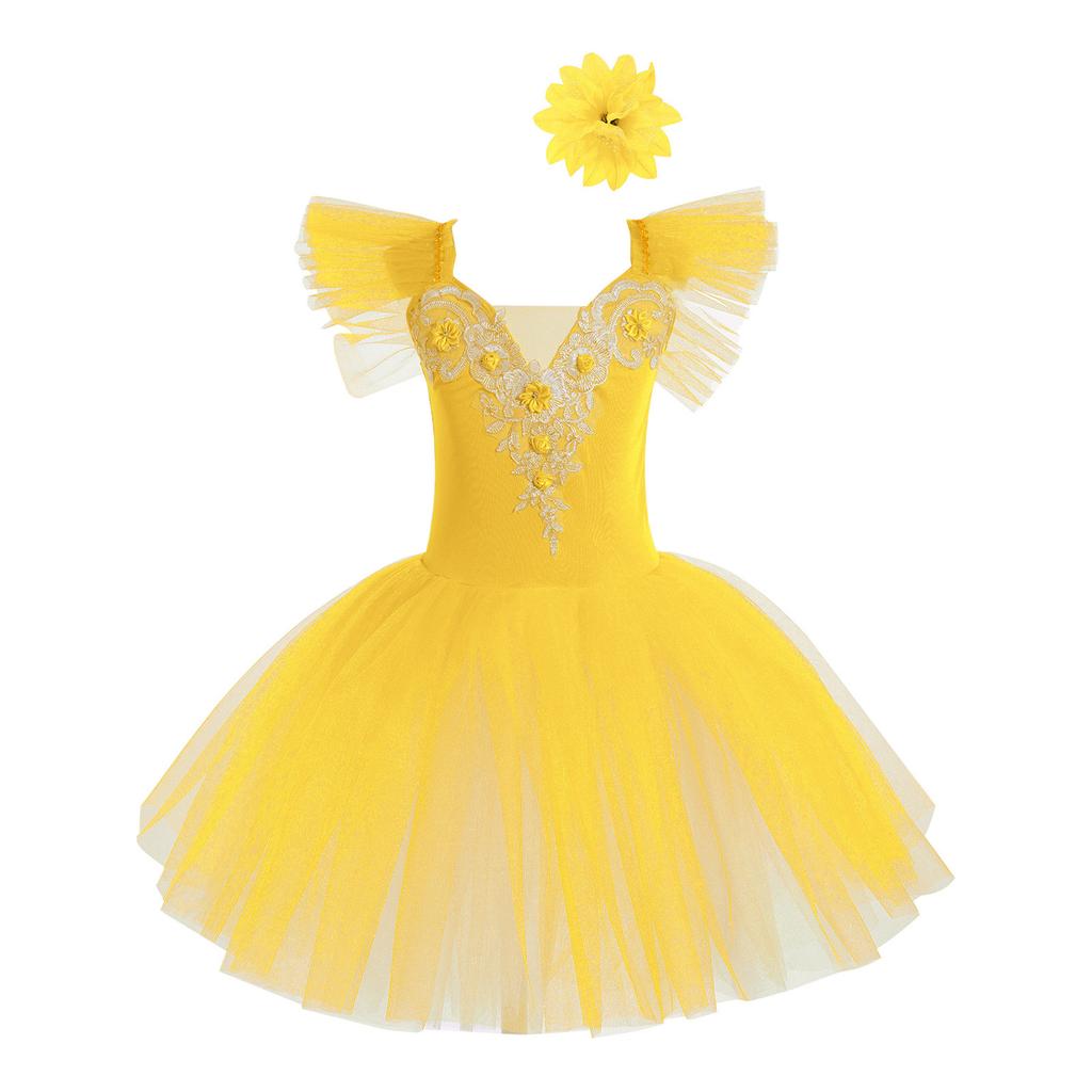 Girls Princess Tutu Dress with Flying Sleeves & Lace Flower Decor, Adjustable Spaghetti Straps, Mesh Skirt + Headdress for Dance Party