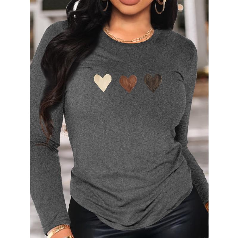 Damen Frühjahrs- und Herbstkleidung Buntes Herz Aufdruck T-Shirt Langarm Rundhals Freizeit Oberteil