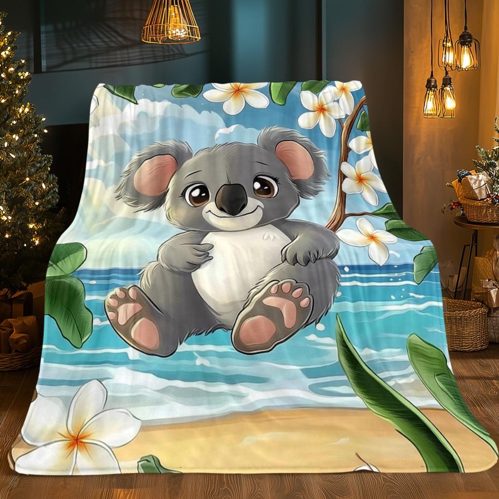 Cute Koala Bear Floating On Beach With Plumeria Flowers Tropical Scene Fleece Blanket Soft Flannel Throw For Kids And Adults