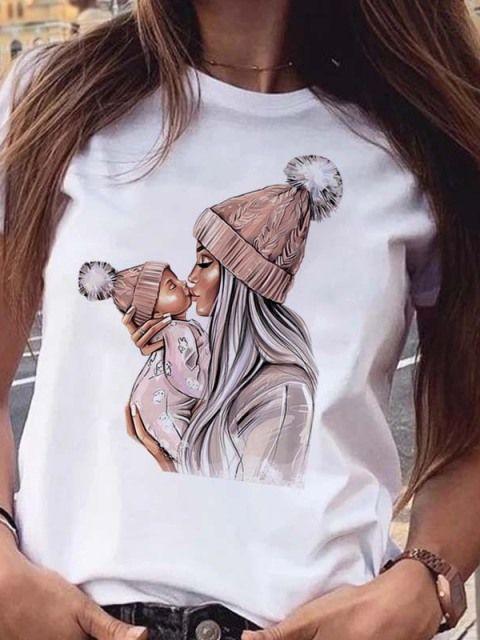 Women T Shirt Cartoon Mom Daughter Son Print Lady Tshirts Short Sleeve Tops Womens Kawaii Graphic Female Tshirt Clothe
