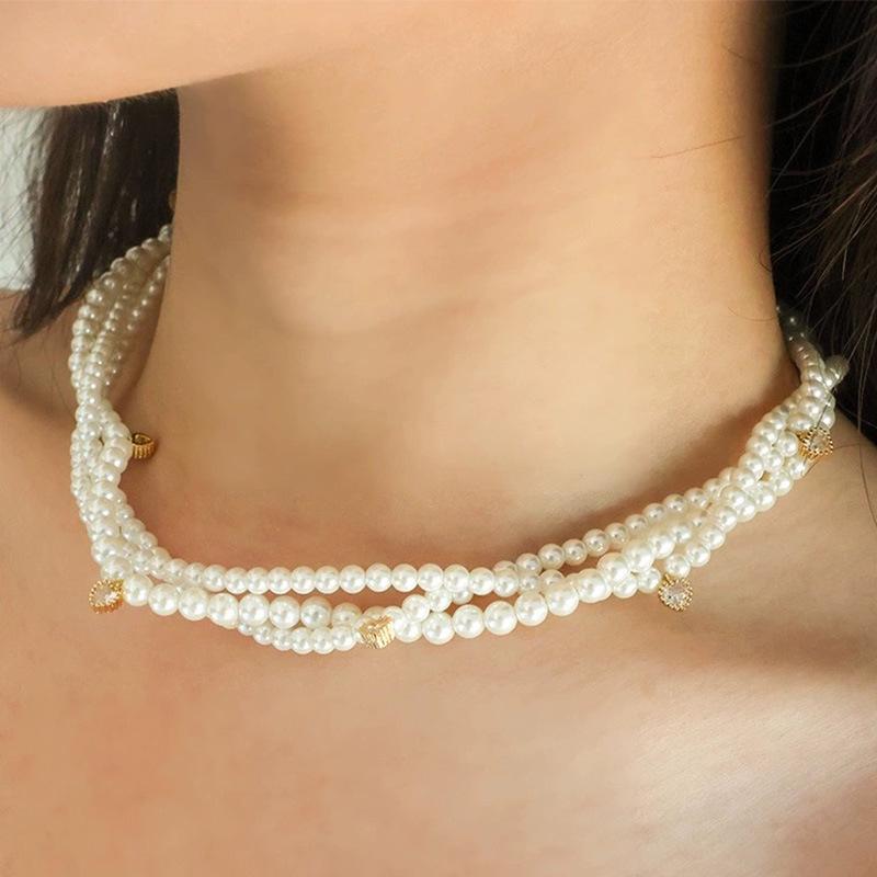 

Three-Layer Braided Heart Pendant Zircon Pearl Necklace for Women