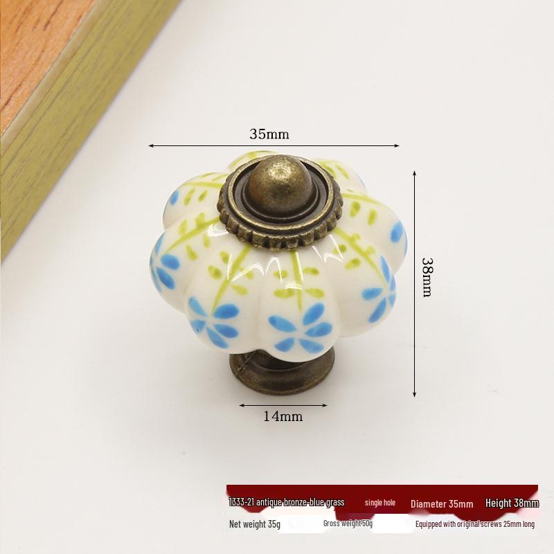 Hand-Painted Pastoral Blue and White Ceramic Pumpkin Drawer Pull