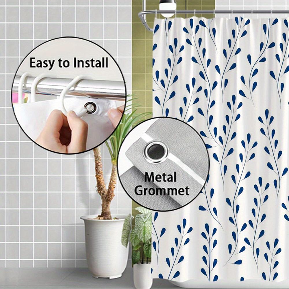 1Pc Elegant Blue Vine Branches Shower Curtain, Delicate Minimalist Design On White Background, Machine Washable