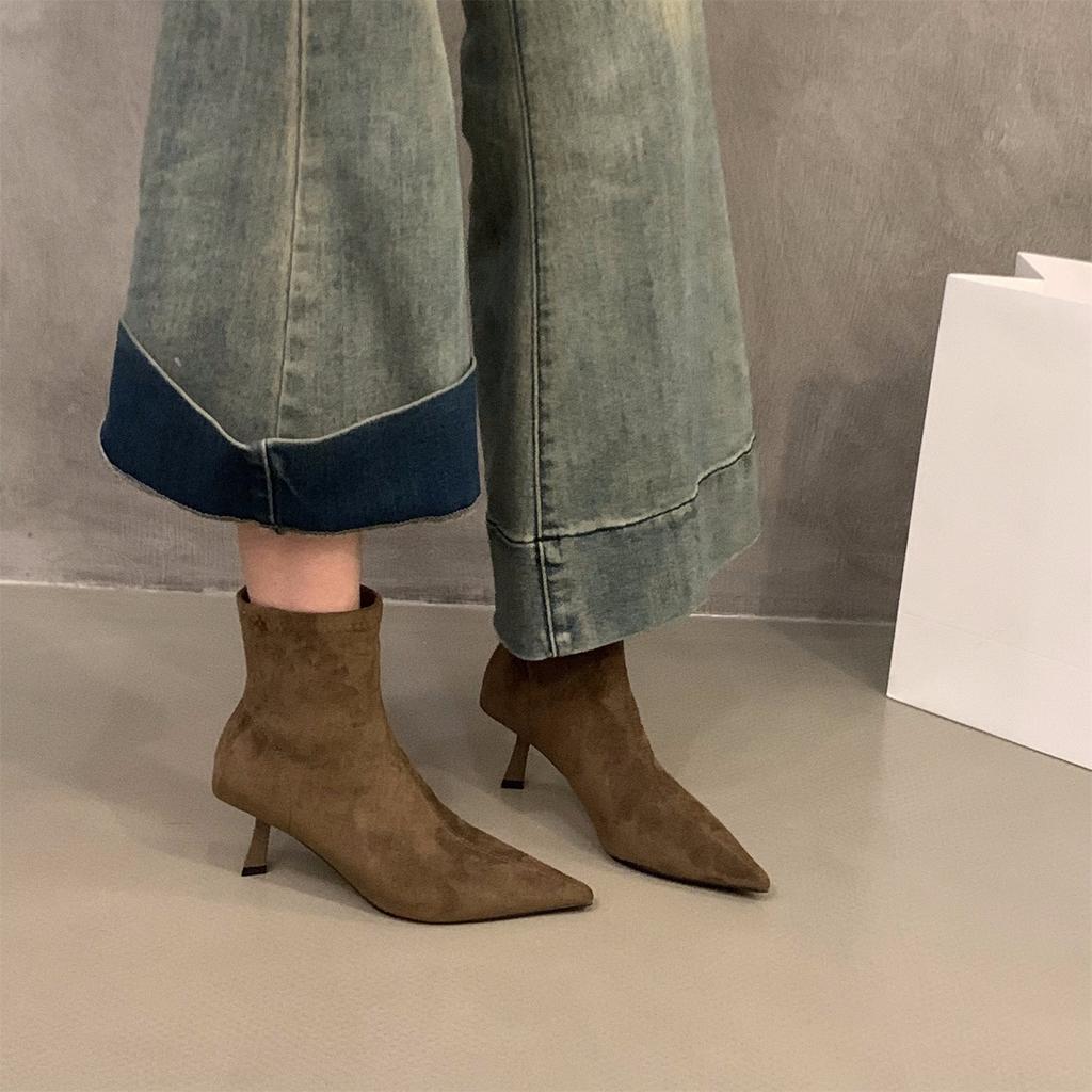 High Heel Pointed Brown Suede Skinny Boots Short Boots Women'S Shoes Autumn And Winter Fleece French Small Ankle Boots