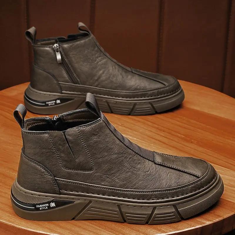 

Men s Trendy High Top Work Boots Autumn Winter Vintage Thick Platform Sole Slip Proof Durable Fleece Lined Warm Chelsea Boots 39