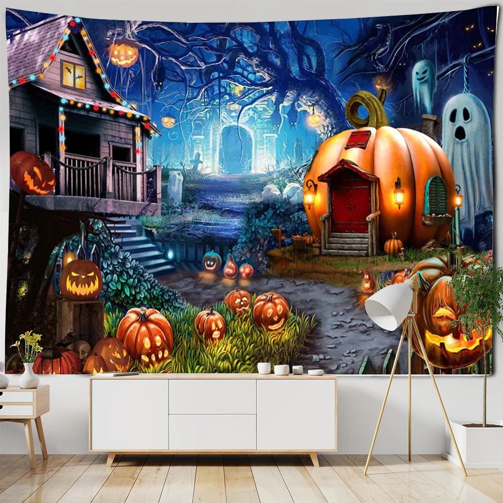 Happy Halloween Tapestry Horror Spooky Castle Pumpkin Wall Hanging Dorm Room Wall Decor Backdrop Fabric Halloween Wall Blanket