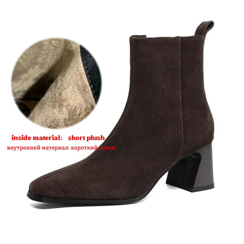 

Krazing Pot Cow Suede Nubuck Winter Square Toe Modern Boots Thick High Heels Zipper Women Ankle Boots 42