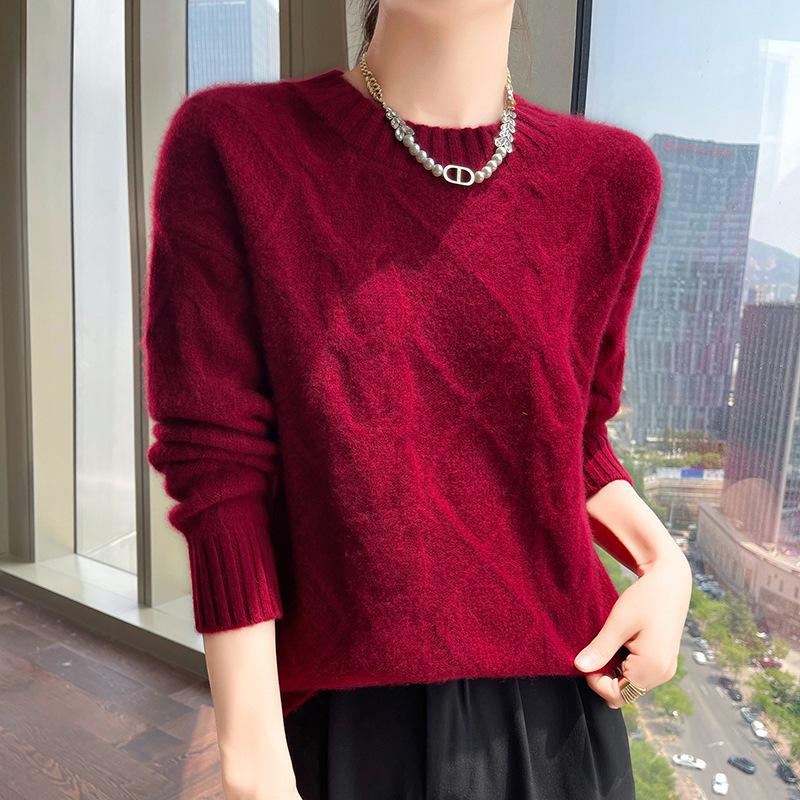 Women's Soft Cashmere Sweater, Round Neck, Diamond Jacquard, Thick Knit, Loose Fit, Base Layer