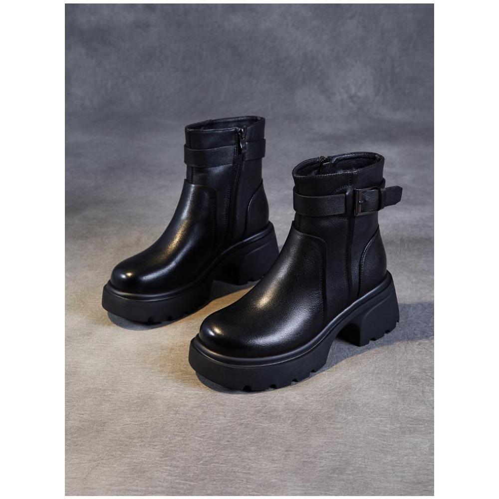 Women's Chelsea Boots Winter Plush Lined Chunky Platform Round Toe Ankle Boots with Metal Buckle Strap and Side Zipper