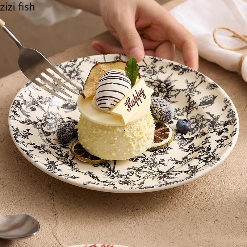 Vintage Blumenmuster Keramik Flacher Teller Runder Dessertteller Steakteller Salatteller Grillteller Hotel Kreatives Geschirr