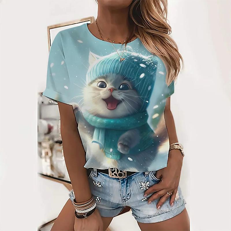 Fashion Women T Shirts 3D Kawaii Cat Print Tops Summer Famale T-shirt Harajuku Tees O-Neck 2024 Short Sleeves Oversized Clothing
