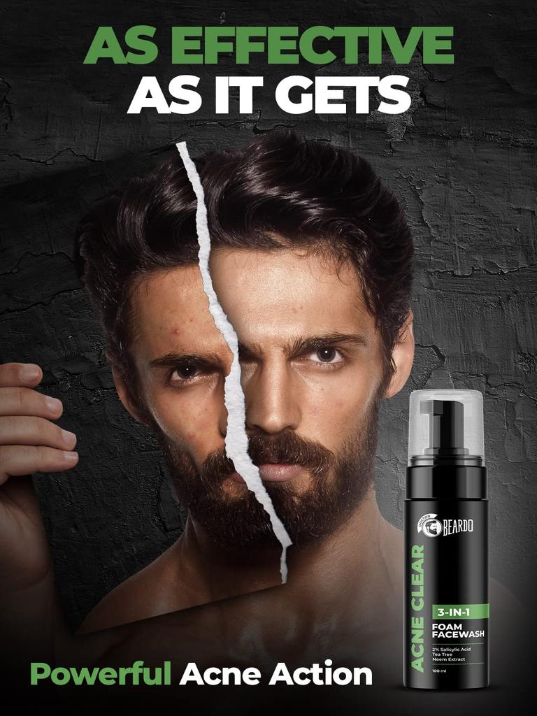 Beardo Acne Clear Foam Face Wash 100ml Pack of 1 | 3-in-1 Anti Acne Face Wash for Men with Salicylic Acid