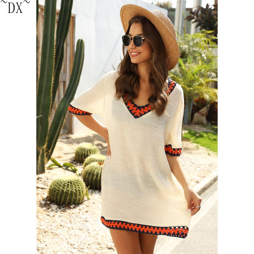 DX~Women's Sexy Hollow Out V-neck Short Sleeved Contrasting Hand Hook Patchwork Loose Beach Sun Protection Cover