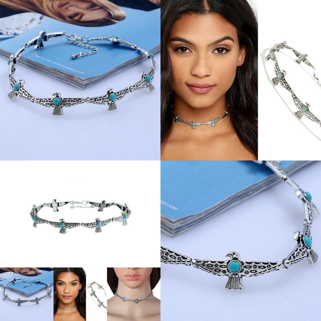 Vintage Art Deco Alloy Choker With Bird Design Artificial Turquoise Decor For Ladies Gift