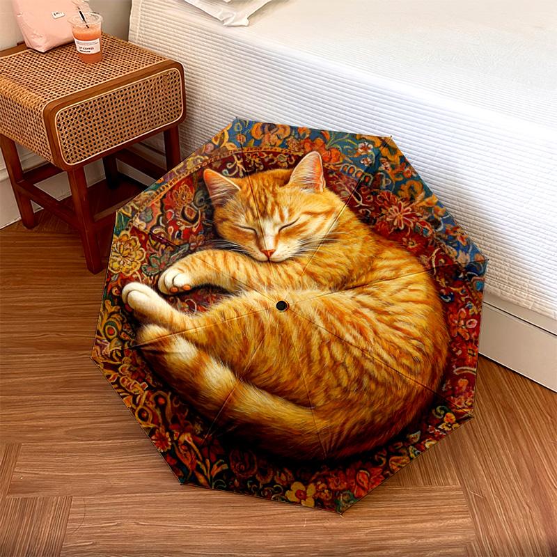 1 PC Automatic Folding Umbrella - Sleeping Orange Cat Pattern, Portable & Foldable Design with 8 Ribs, Christmas Birthday Gifts