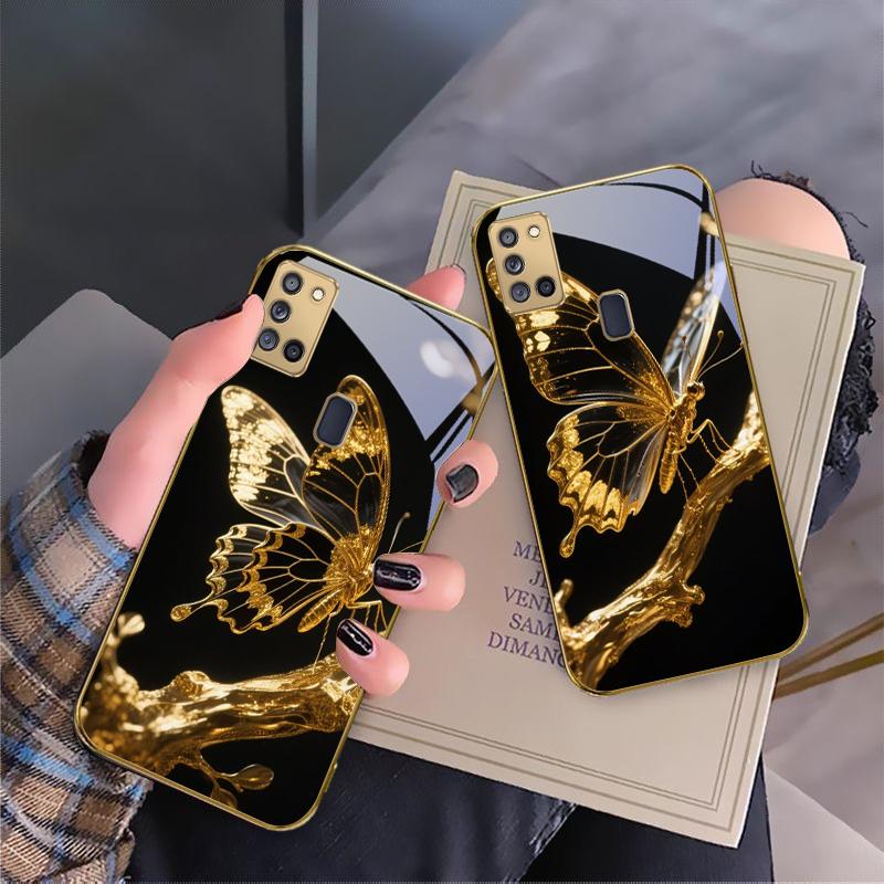 Schmetterling auf dem Ast Für Samsung A 31 32 A33 A34 35 14 A15 13 A16 25 26 50 52 53 54 55 56 70 71 72 73 Goldene Glas Handyhülle