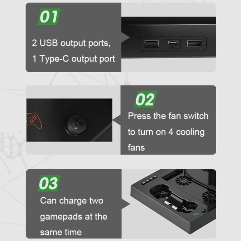 Suporte para Xbox Series X com ventoinha, estação de carregamento para dois controles com 4 ventoinhas de resfriamento, 1 suporte para fone de ouvido, pacote com 2 baterias recarregáveis de 1400 mAh