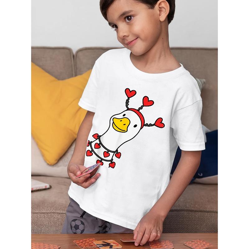 European sizes Boys & Girls Cute Goose Duck Valentines Day T-Shirt - Retro Short Sleeve Shirt with Goose & Duck Graphics, Round Neck Casual Top