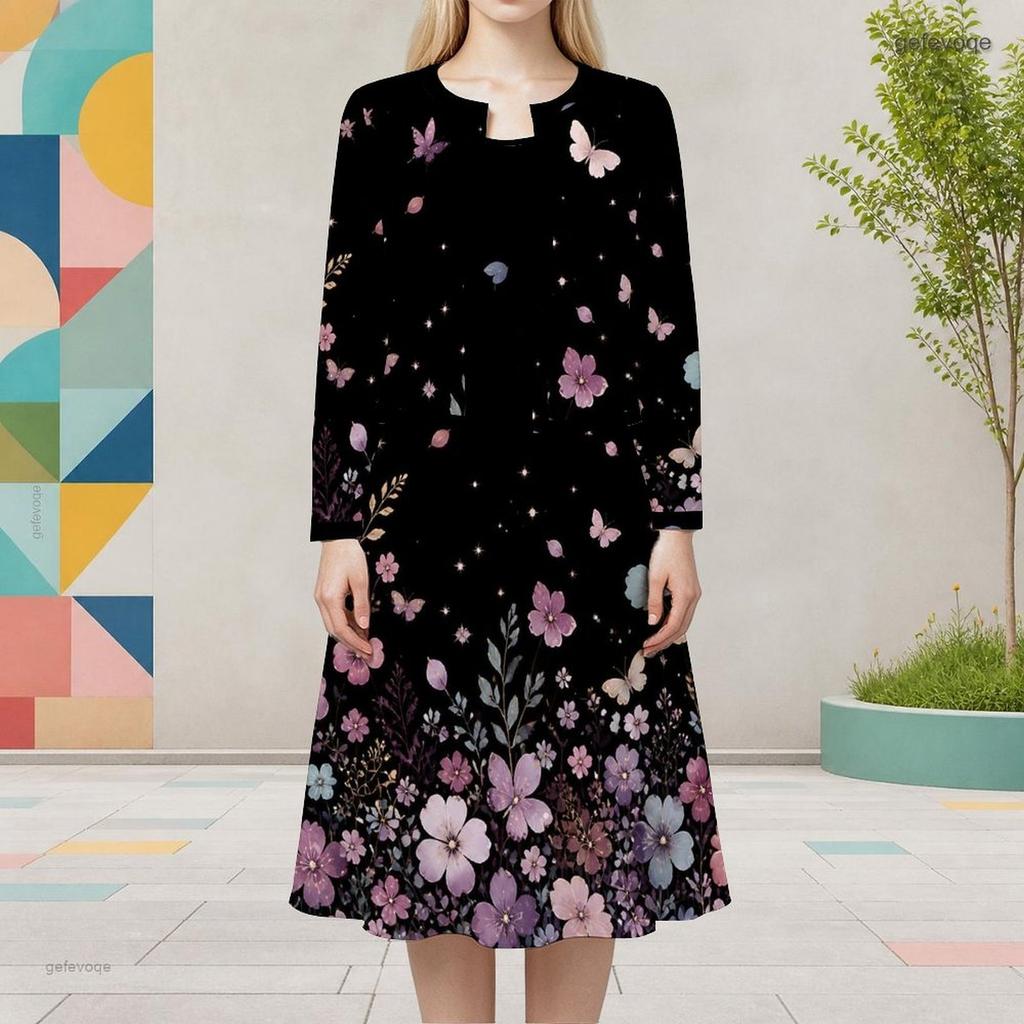 Set Due Pezzi Abito Midi Nero da Donna Taglie Forti Scollo Rotondo Manica Lunga Stampa Farfalle