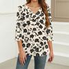 Women's Print Top Button-down V-neck T-shirt 3/4 Sleeve Loose Fashion Top