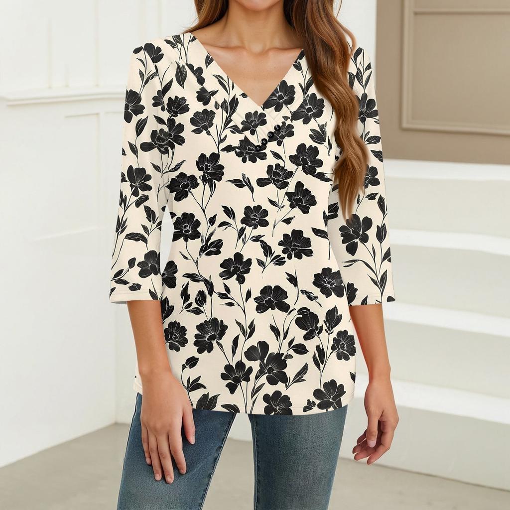 Women's Print Top Button-down V-neck T-shirt 3/4 Sleeve Loose Fashion Top