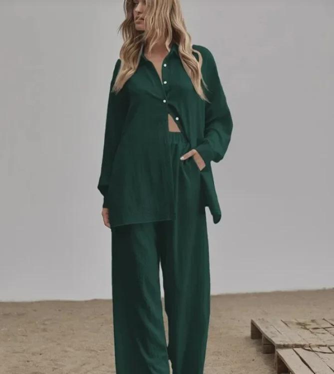 Dames Herfst 2022 Effen Kleur Casual Pak: Shirt met lange mouwen & Broek met elastische taille