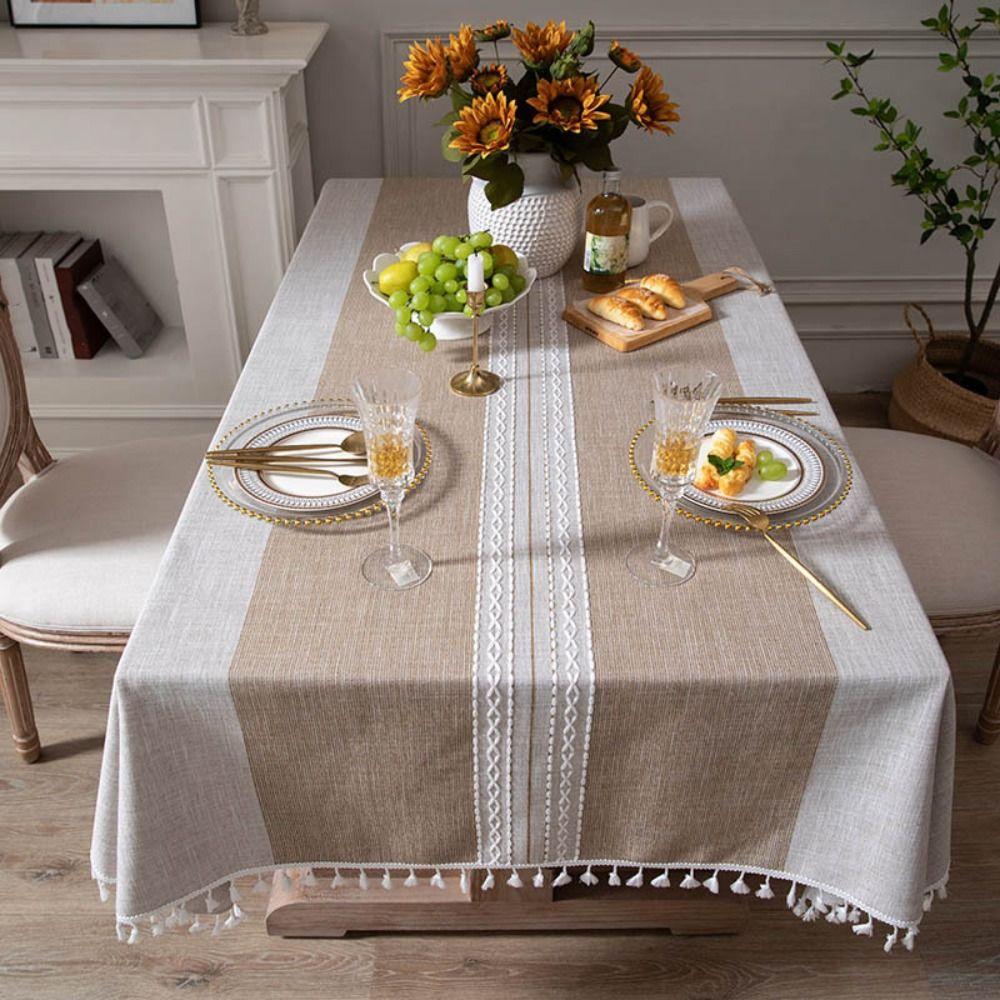 Tassel Edge Interweaving Grid Tablecloth French Rustic Rectangular Restaurant Tablecloth Dust Cover Washable