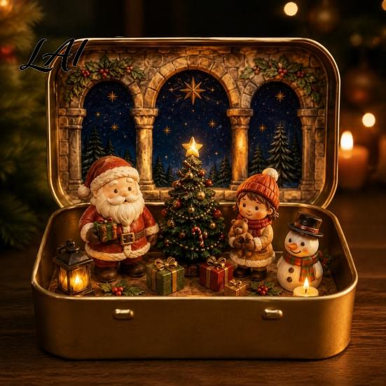 Christmas Mantelpiece A Tin Set in Ornament Mini Box, Pocket Size Holiday Scene Desktop