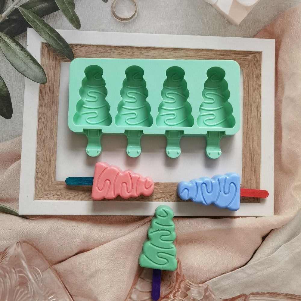 Non Stick Christmas Tree Ice Pop Mold 4-Cavity Ice Cube Tray Silicone Ice Cream Mold  Baking Tools