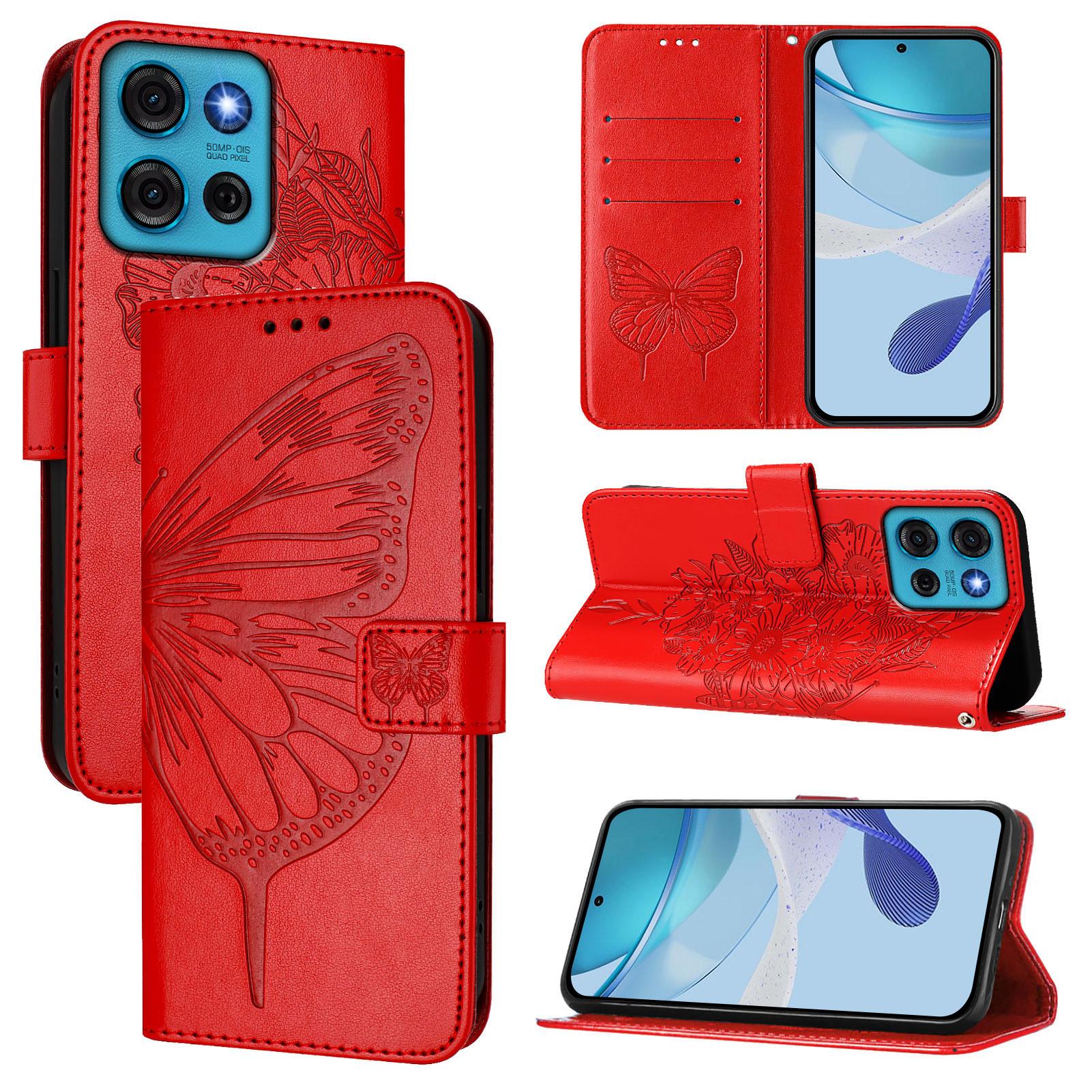 

For Motorola Moto G75 5G Wallet Case with Wrist Strap Butterfly Imprint Leather Phone Cover Red