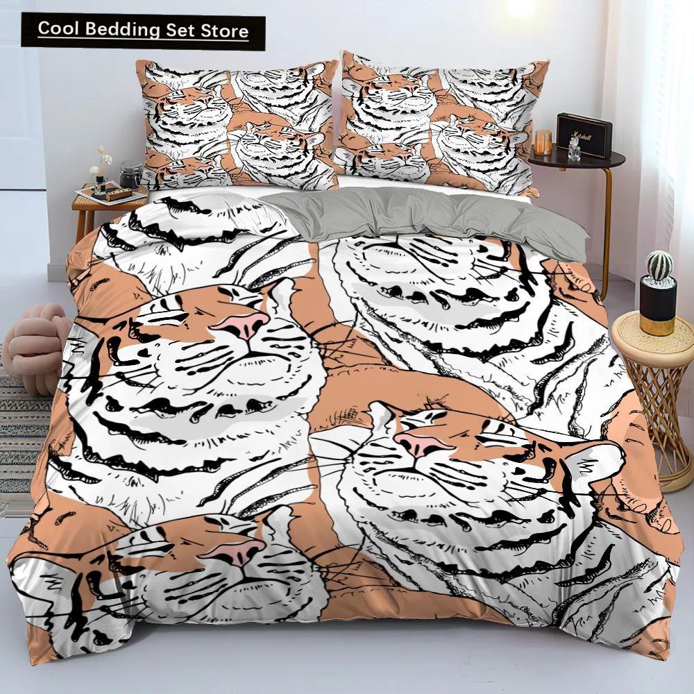 Tiger Duvet Cover Set Red Rose Flower Comforter Cover Boys African Safari Wild Animals Big Cat Queen King Polyester Qulit Cover