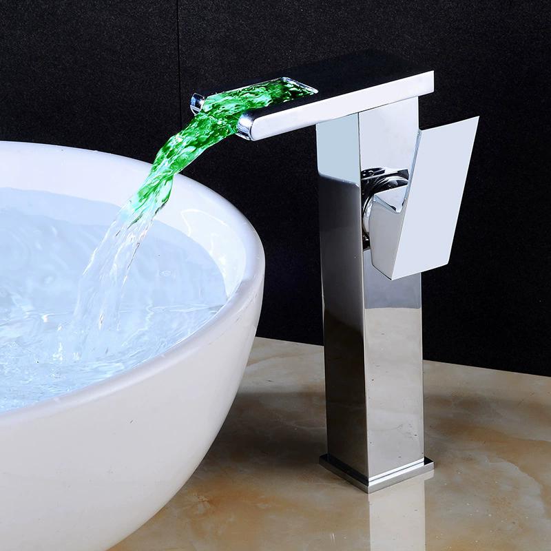 LED Basin Faucet Hot and Cold Square Basin Faucet Brass Waterfall Crane Sink Faucet Single Handle Water Tap