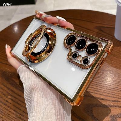 For Samsung Galaxy S25 Ultra Luxury Transparent Plating Frame Stand Holder Phone Case For Samsung S22 S23 S24 Plus A15 A55 Cover