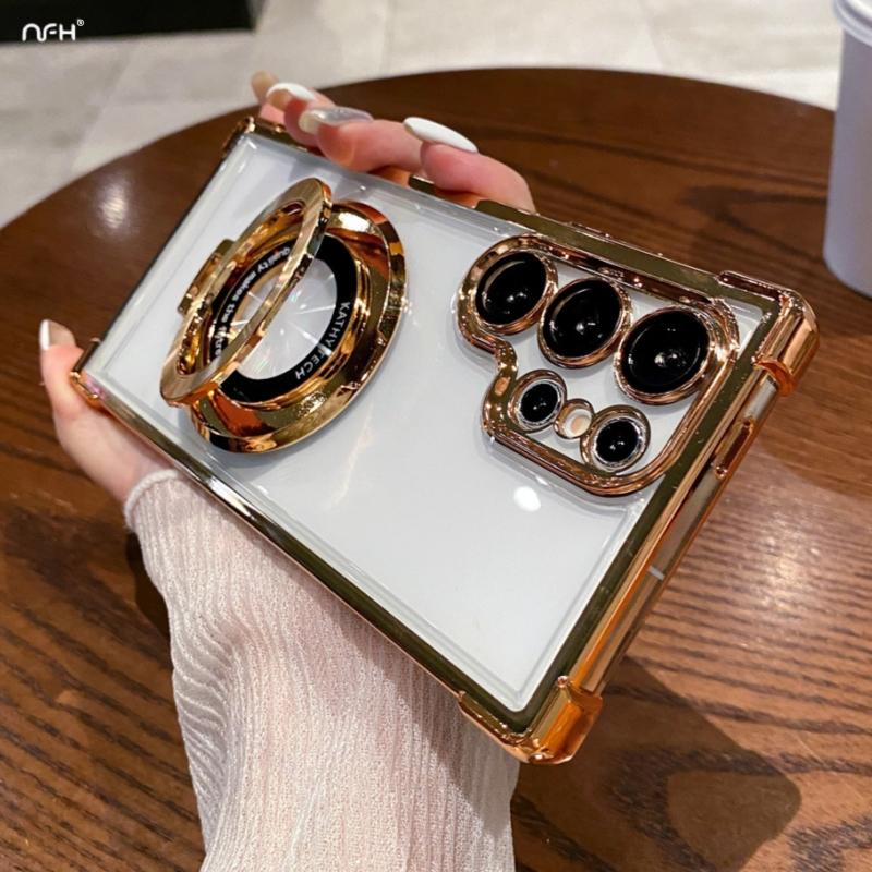For Samsung Galaxy S25 Ultra Luxury Transparent Plating Frame Stand Holder Phone Case For Samsung S22 S23 S24 Plus A15 A55 Cover