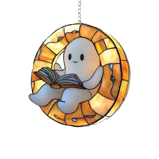 Halloween Acrylic Suncatcher Adorable Ghost Reading Book Pendant Black Cat Teacup Spooky Window Hanging Decoration for Home Parties Festivals