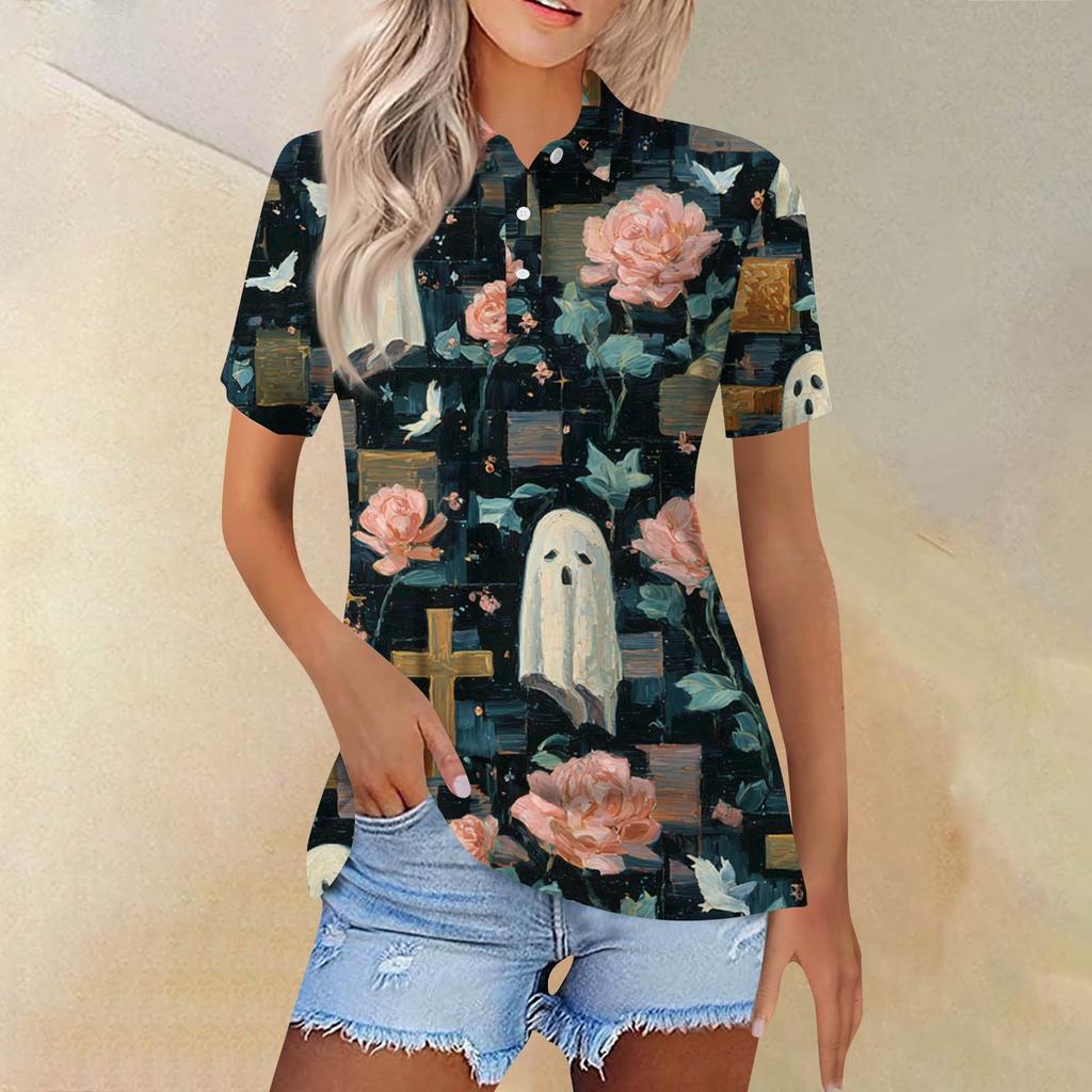 Dammode Casual Lapel kortärmad skjorta med tryckknappar för kvinnor