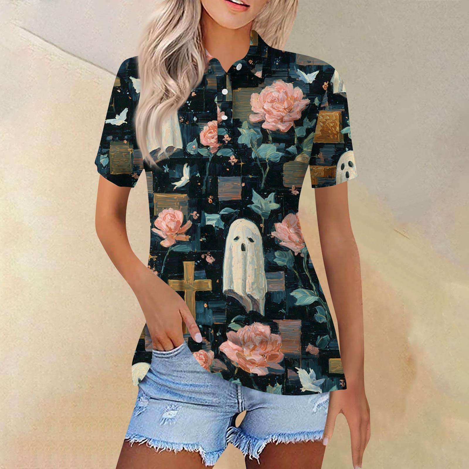 

Женская модная повседневная рубашка с отворотом и коротким рукавом с принтом, женские топы на пуговицах M тёмно-синий