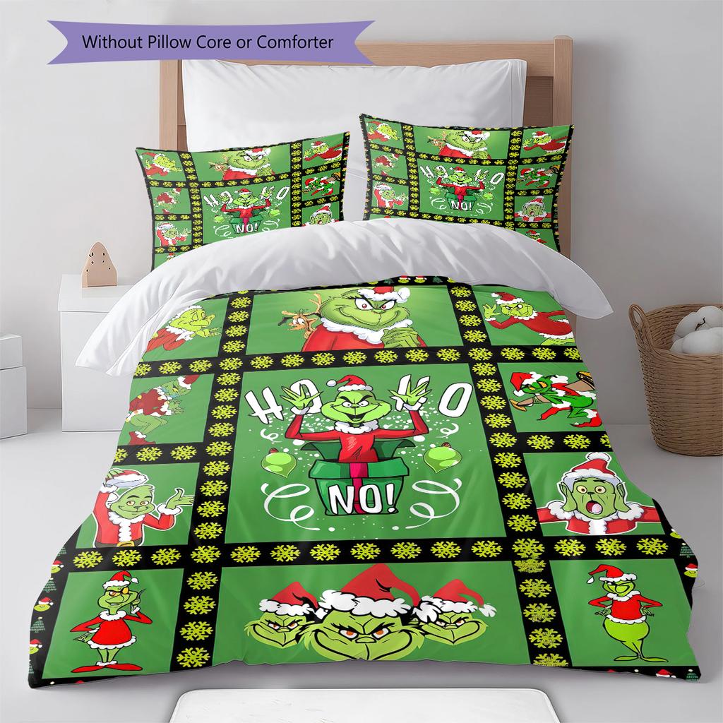 1 Stück Grinch-Muster Bettwäsche Steppdecke Set Bettbezug Kissenbezug Heimdekoration Geburtstagsgeschenk (1 Bettbezug + 2 Kissenbezüge, ohne Füllung)
