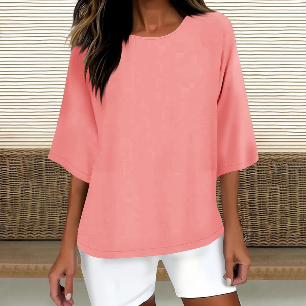Women's Fashion Solid Color Casual T-Shirt Seven Sleeve Round Neck Cotton Top